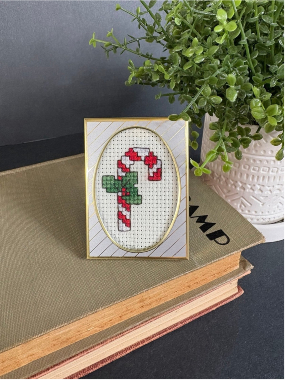 Tiny Mini Framed Cross Stitched Candy Cane Silver Gold Frame